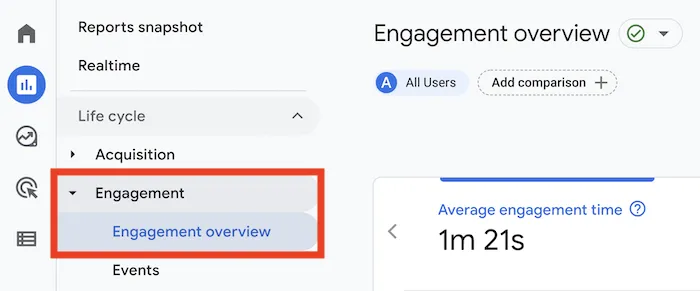 Google Analytics Engagement Overview menu