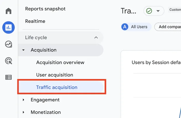 Google Analytics Traffic Acquisition menu