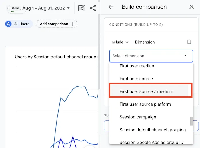Google Analytics First user source medium selection