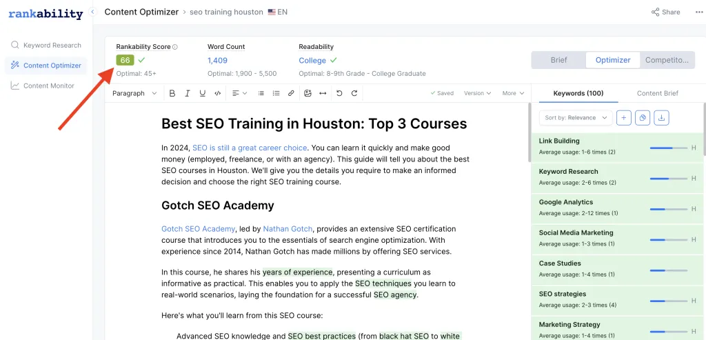 Rankability SEO score interface