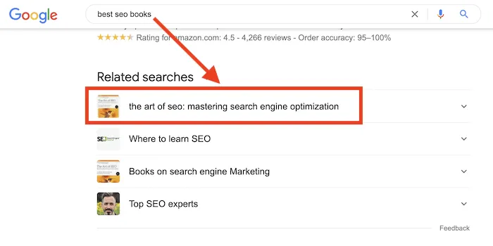 Google search results showing The Art of SEO as top related search