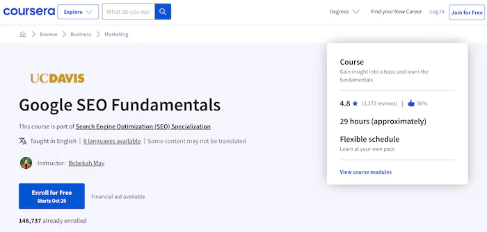 Google SEO Fundamentals course by UC Davis on Coursera