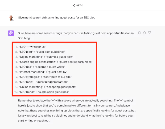 ChatGPT search strings example